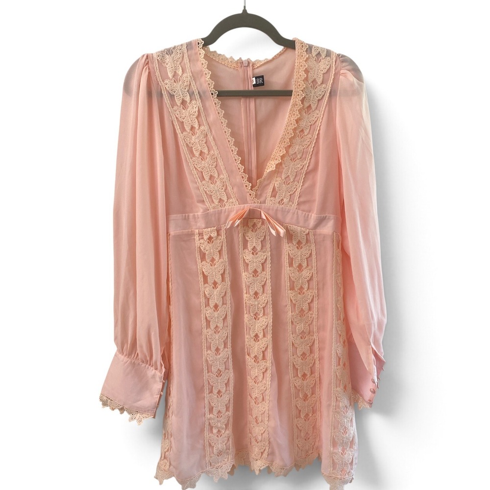CBR Pink Butterfly Lace Babydoll Dress Long Sleeve V-Neck Coquette Mini Medium